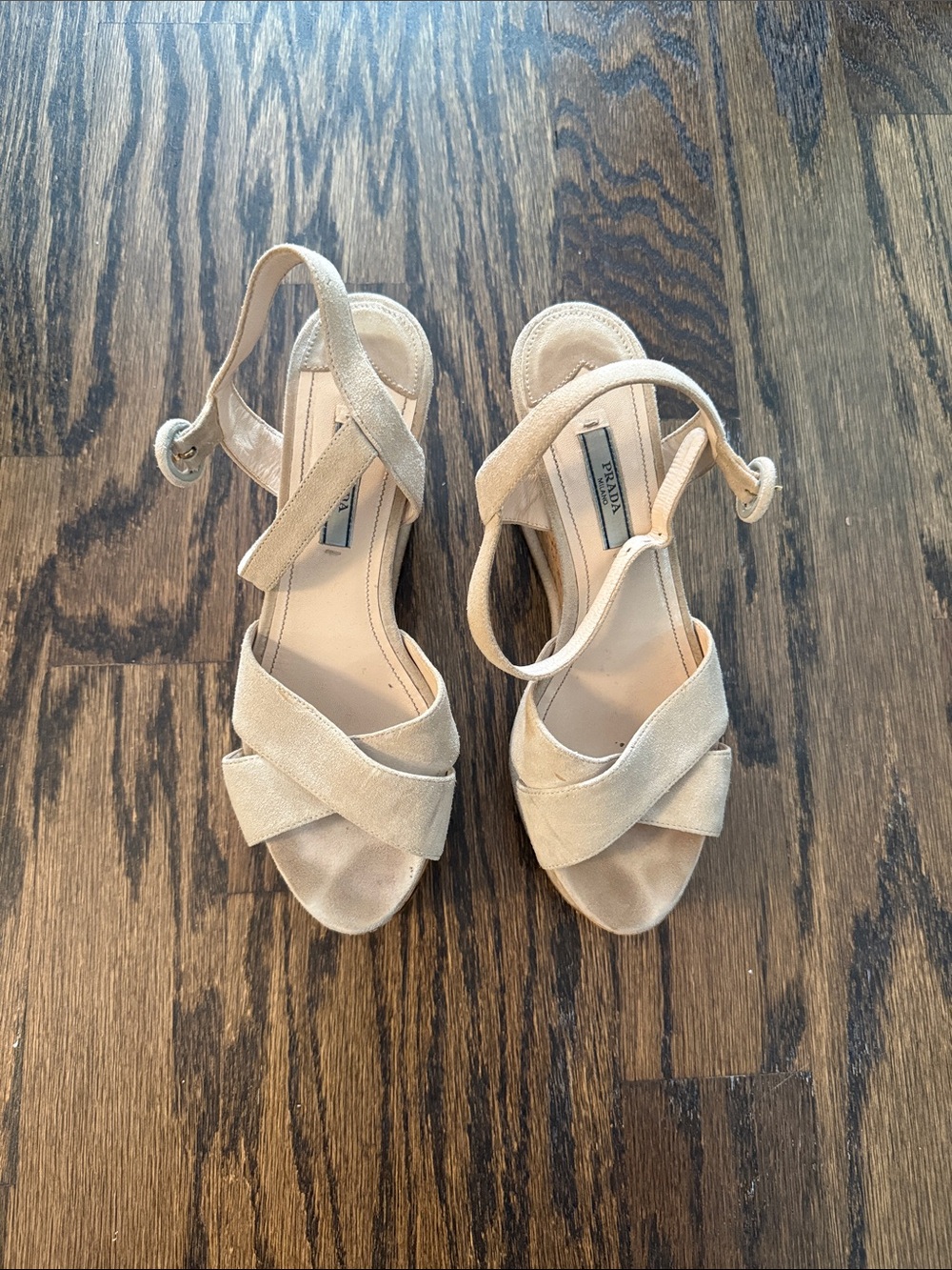Prada Nude Suede Crisscross Ankle-Strap Heels